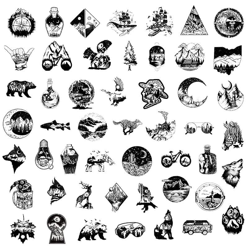 Stickers Noir et Blanc<br> Camping (50 pcs) Stickers Mania