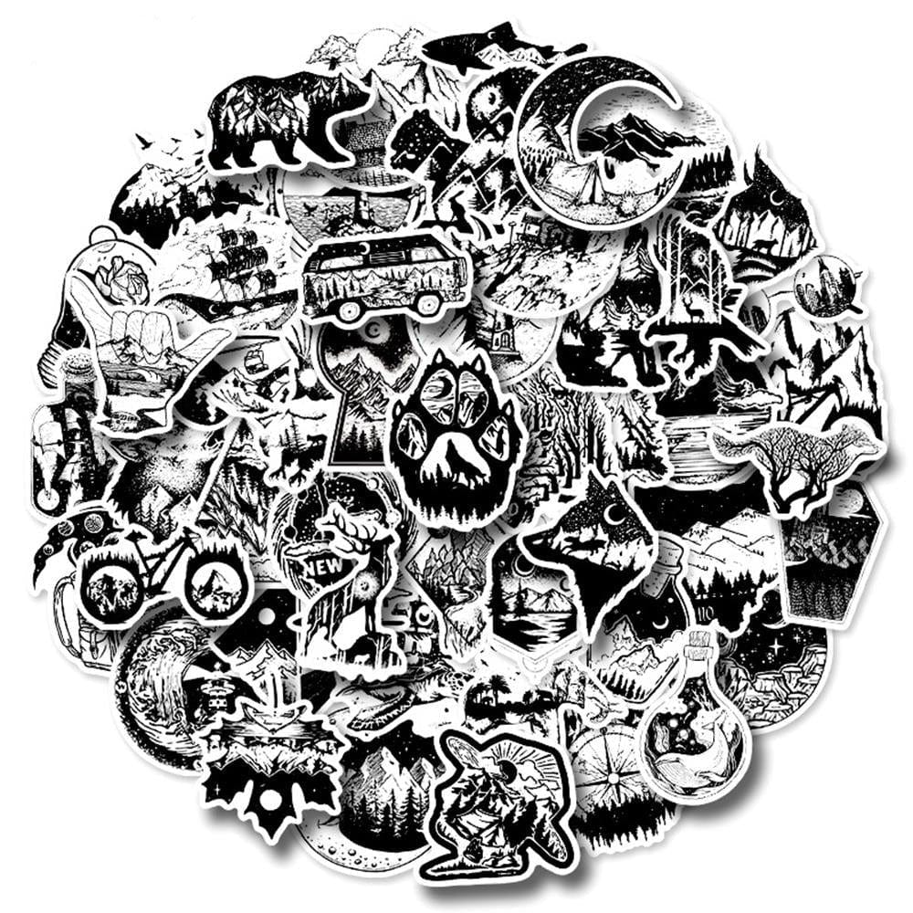 Stickers Noir et Blanc<br> Camping (50 pcs) Stickers Mania