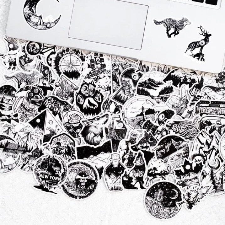 Stickers Noir et Blanc<br> Camping (50 pcs) Stickers Mania