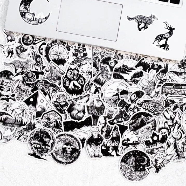 Stickers Noir et Blanc<br> Camping (50 pcs)